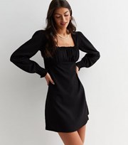 New Look Black Crinkle Square Neck Long Sleeve Milkmaid Mini Dress